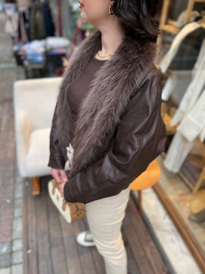 Kahverengi Çıkarılabilir Kürk Detaylı Deri Bomber Ceket